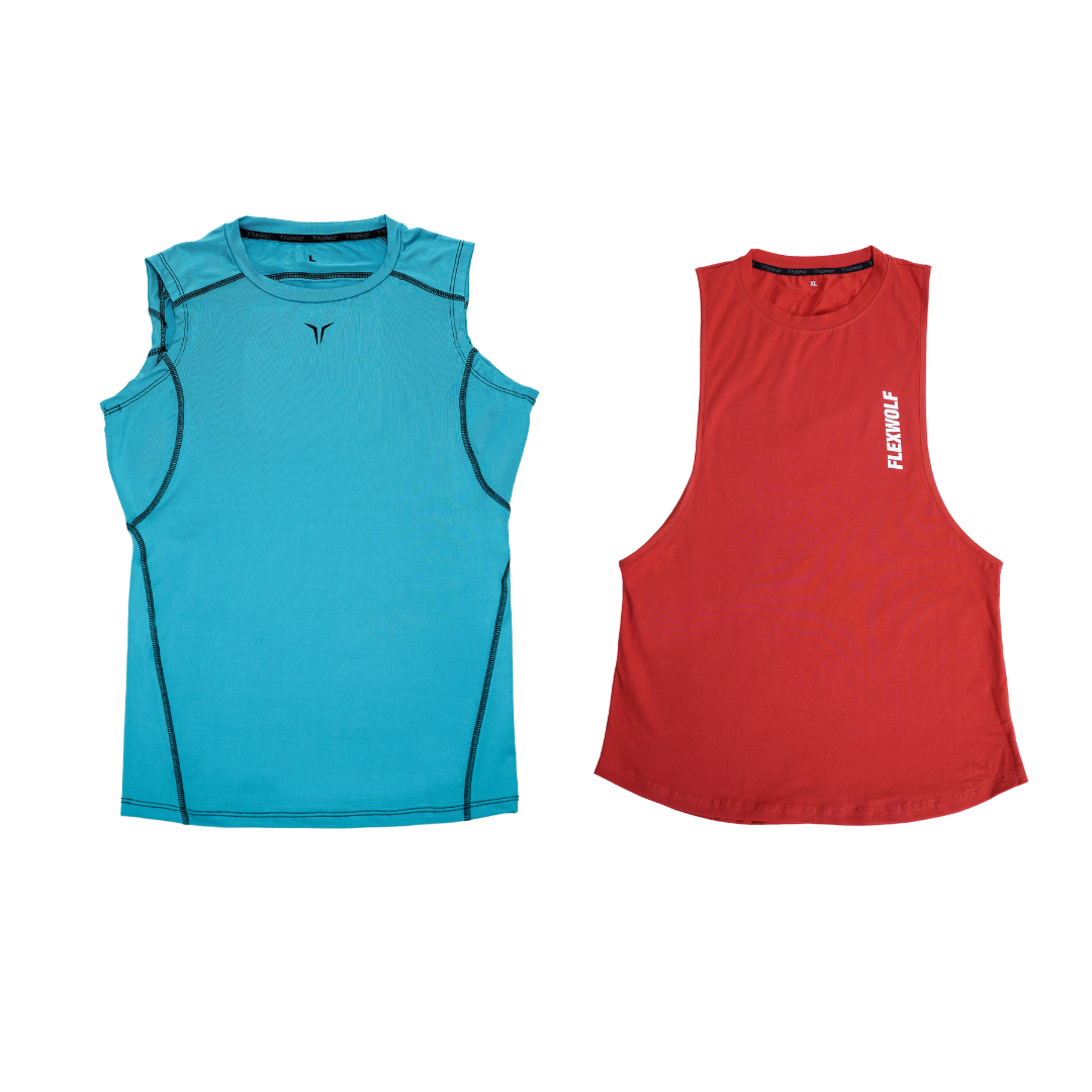 2 in 1 Combo - Sky Alpha Compression Tank and Salmon Flex Arm Tank