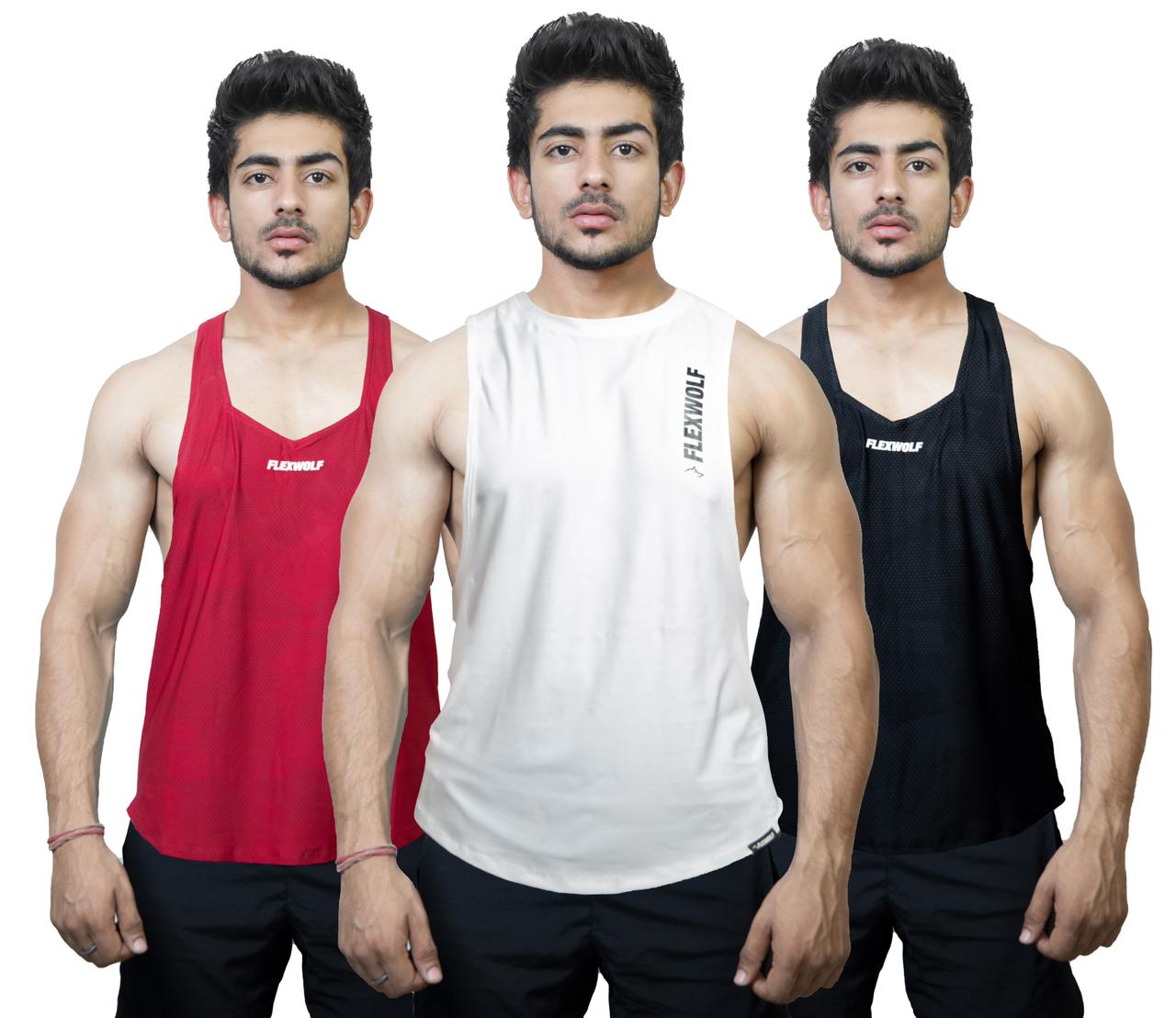 Combo White Evolution Tank, Black Y- Back and Red Y-Back Vest