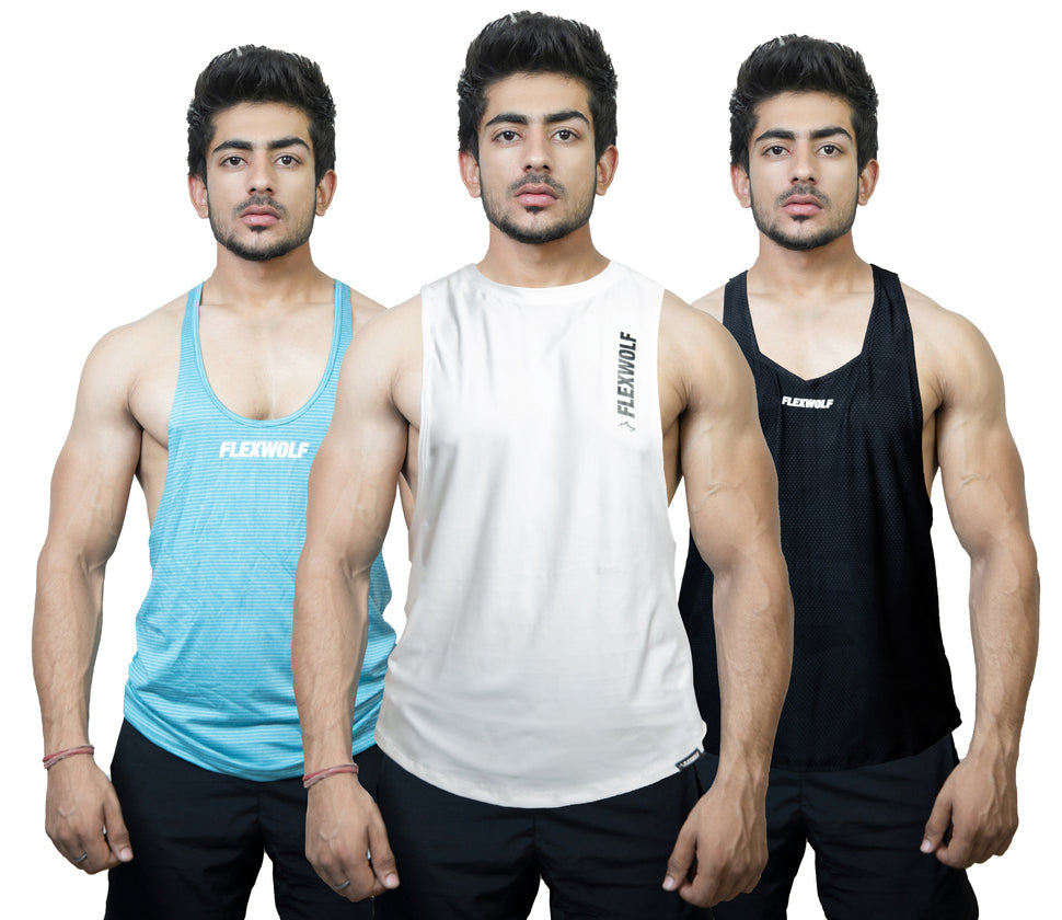 3-Combo White Evolution Tank, Black Y- Back and Sky Blue Flex