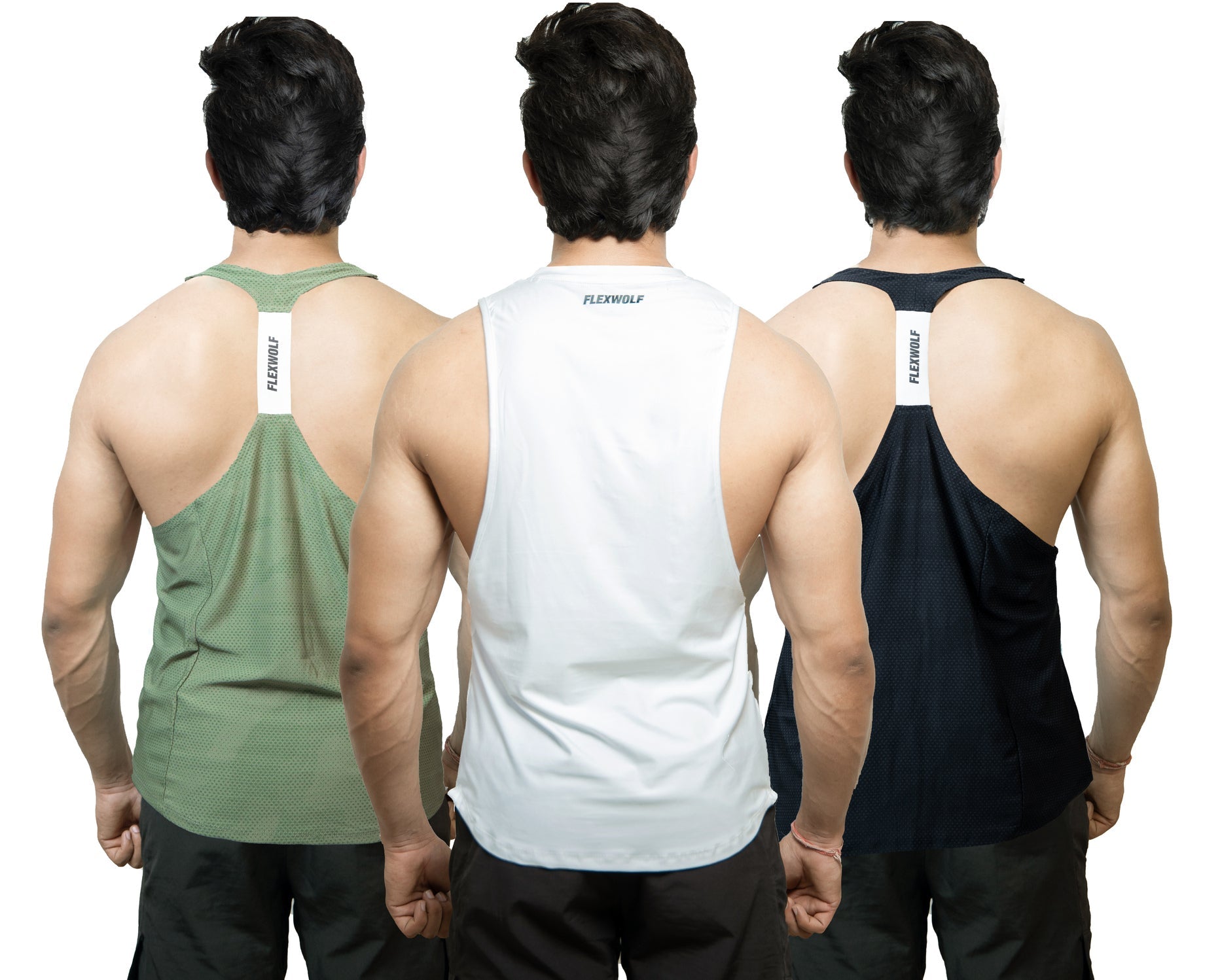 Combo White Evolution Tank, Black Y- Back and Olive Y-Back Vest