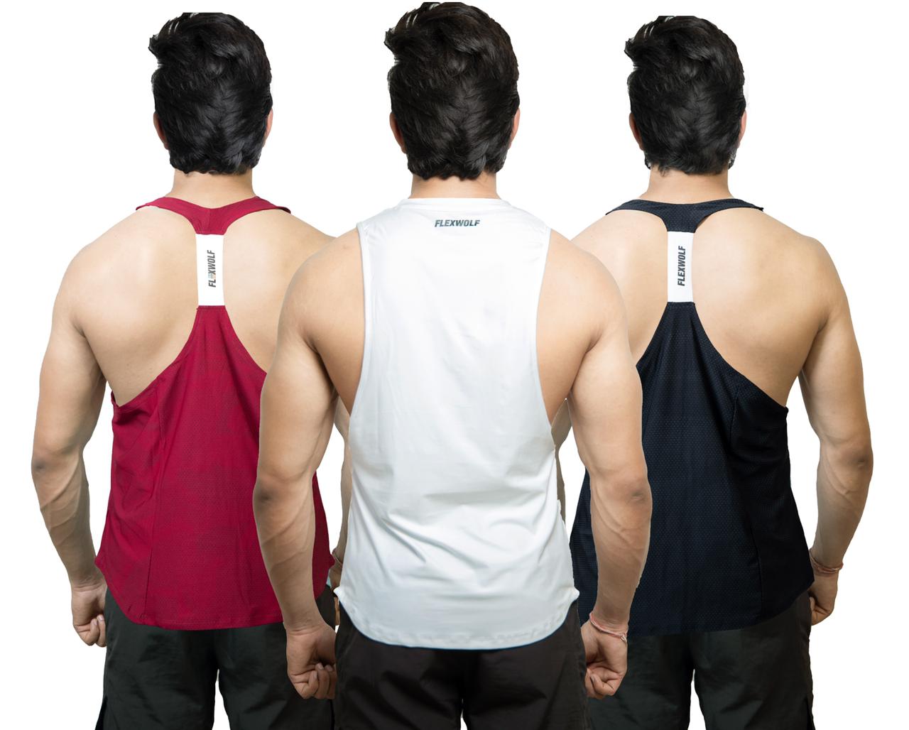 Combo White Evolution Tank, Black Y- Back and Red Y-Back Vest