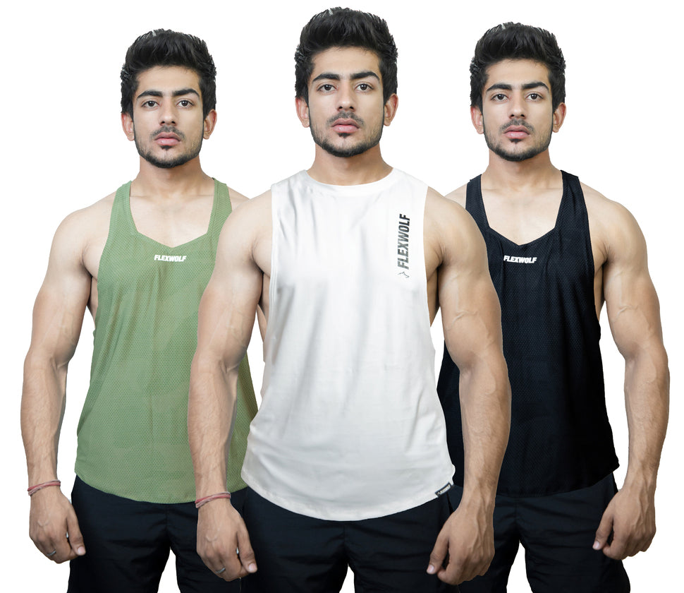 Combo White Evolution Tank, Black Y- Back and Olive Y-Back Vest